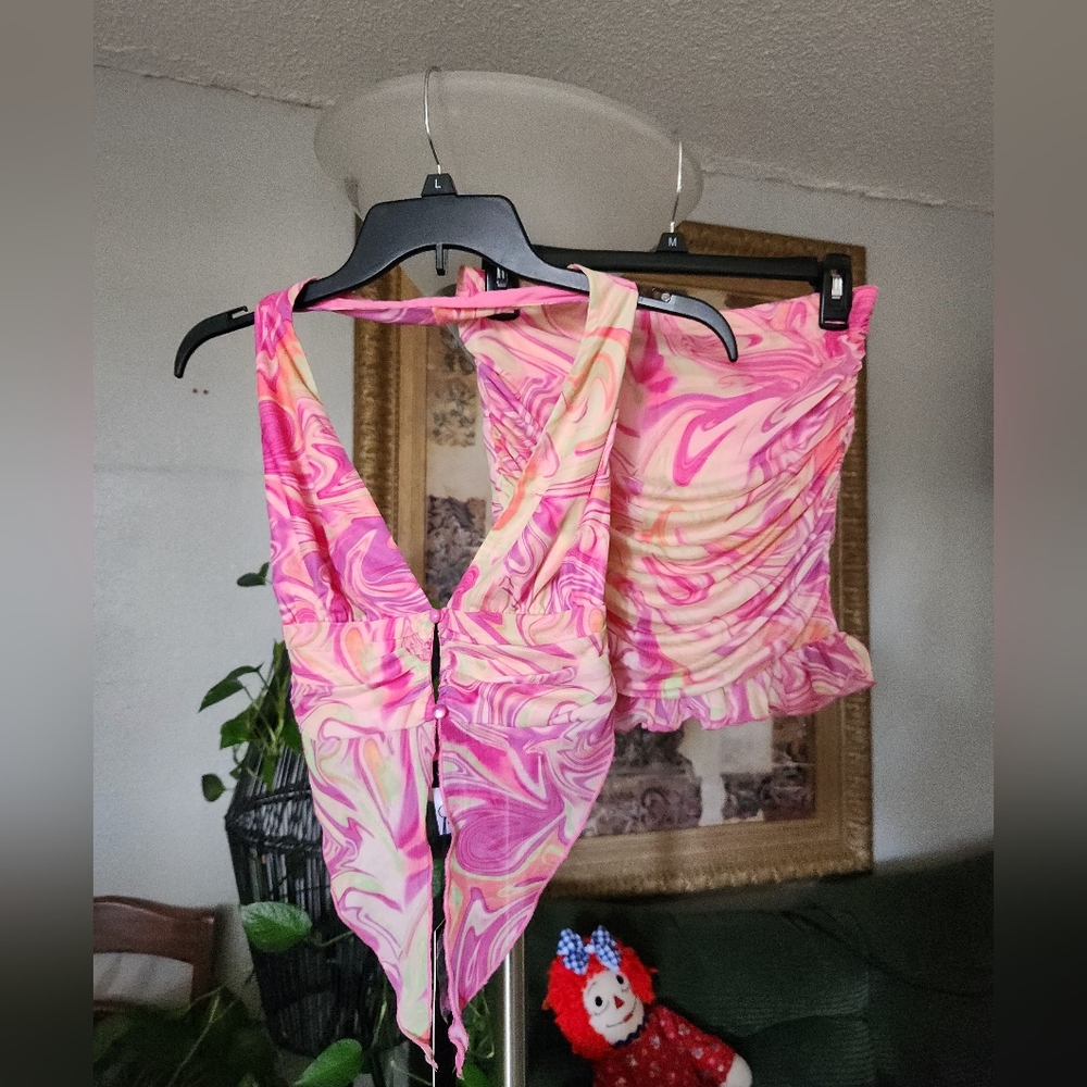 No Vacancy Pink Swirl Two-Piece Set - Halter Top & Mini Skirt Small